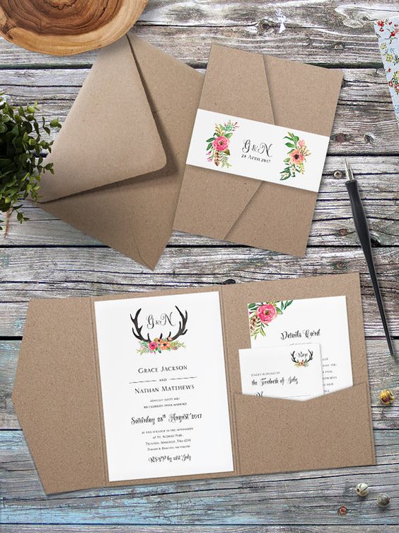 Eco Kraft Pocket Fold Floral Antler Wedding Invitation