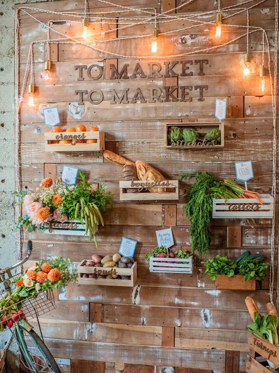 Edison bulbs and wood crates Photo display with favorite farm foods