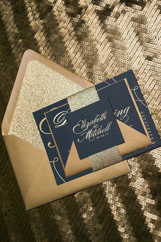 Foil - Navy and Gold Glitter Calligraphy Wedding Invitations