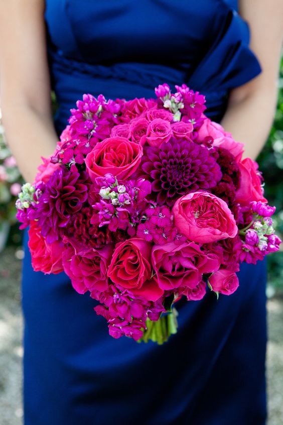 Fuchsia Wedding Bouquet and Blue Bridemaid Dress
