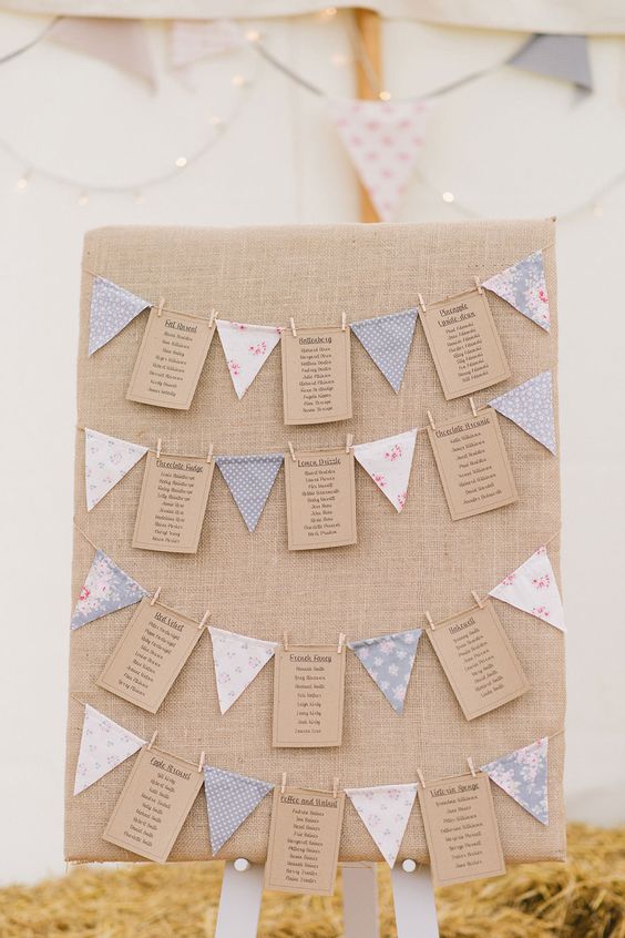 Hessian table plan with mini bunting & kraft paper