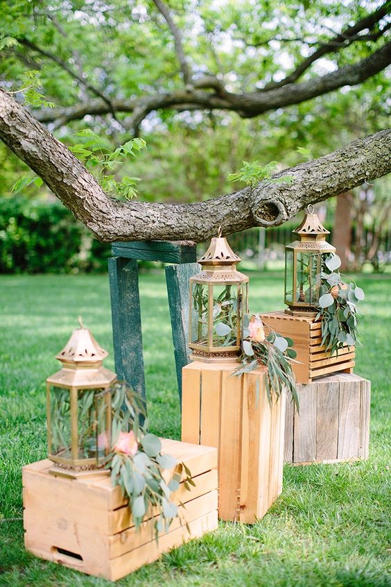 Lanterns wooden crates wedding ceremony decorations