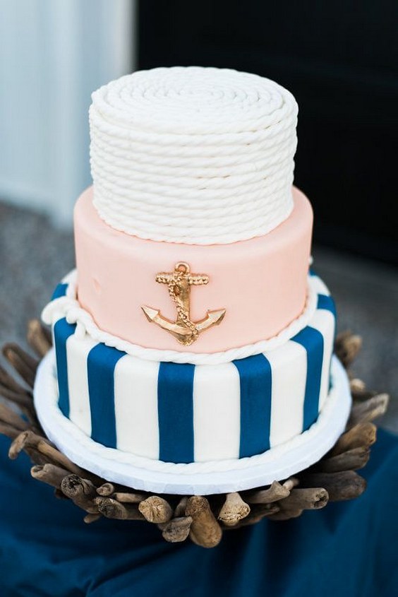 Nautical navy and coral wedding cake