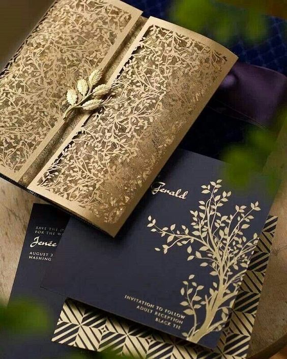 Navy Blue and Gold Laser Cut Wedding Invitations