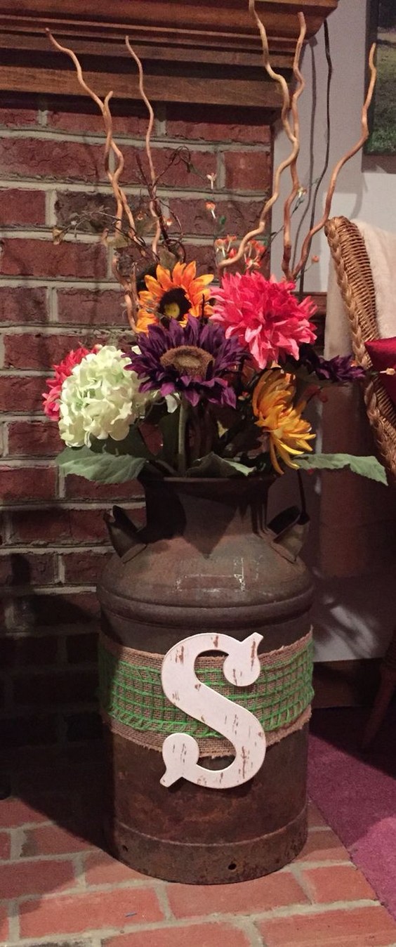 Old milk can w flowers rustic fall wedding decor