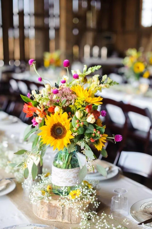 Rustic Sunflower Mason Jar Wedding Centerpiece Ideas