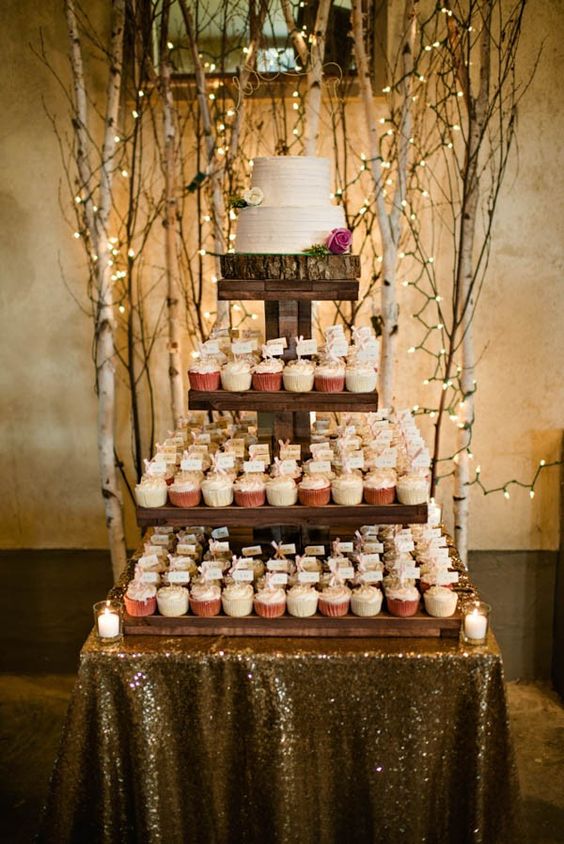 Rustic wedding cake + cupcake tower