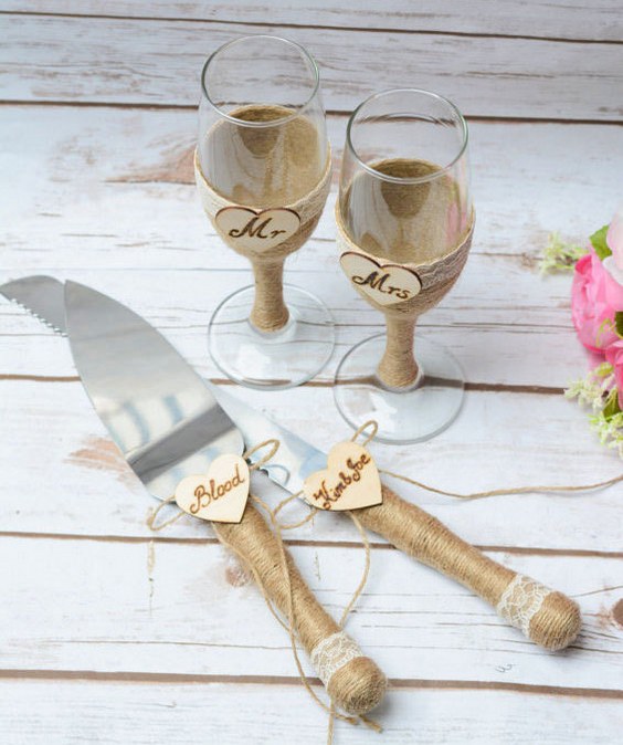 Toasting Glasses Flutes Rustic Cake Serving Set Personalized Knife Set