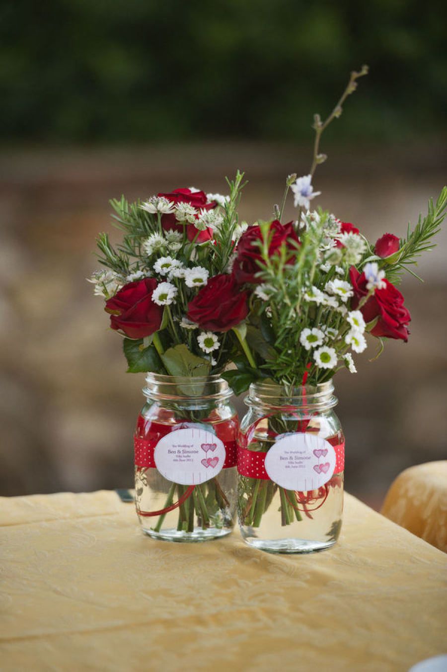 Tuscany red and green mason jar wedding centerpiece