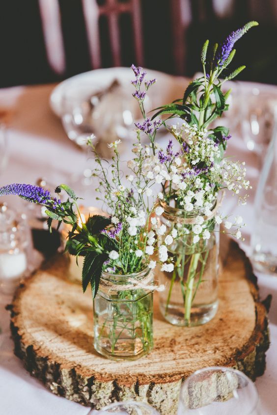 Wildflowers Centrepiece Log Jars Twine Purple White Relaxed Fun Rustic Countryside Barn Wedding