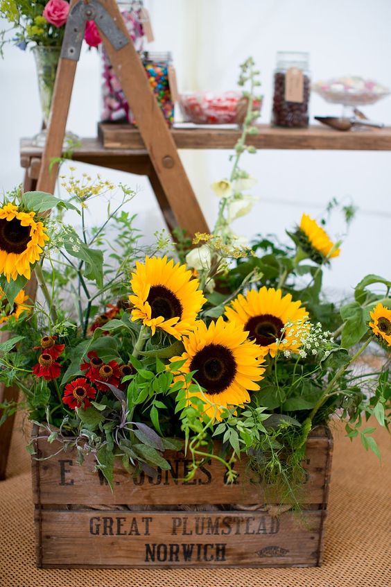 Wooden Crate of Yellow Sunflowers Rustic Wedding Ideas