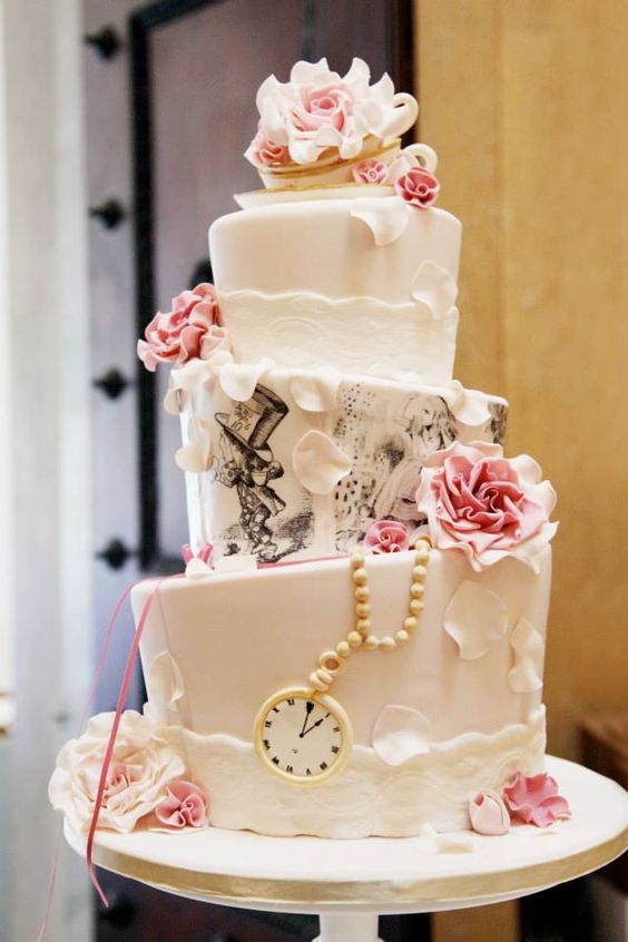 alice in wonderland vintage tea party themed topsy turvy wedding cake