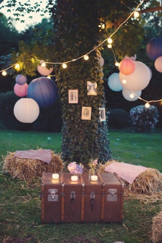 blue and pink rustic weding decor