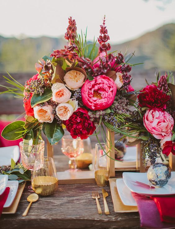 bright peony wedding tablescape