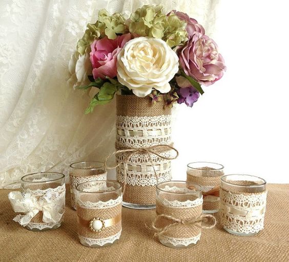burlap and lace 10 hour tea candles and vase wedding decoratins