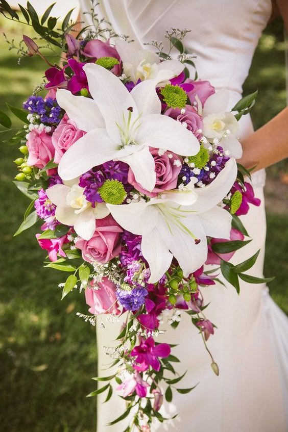 cascading pink purple wedding bridal bouquet