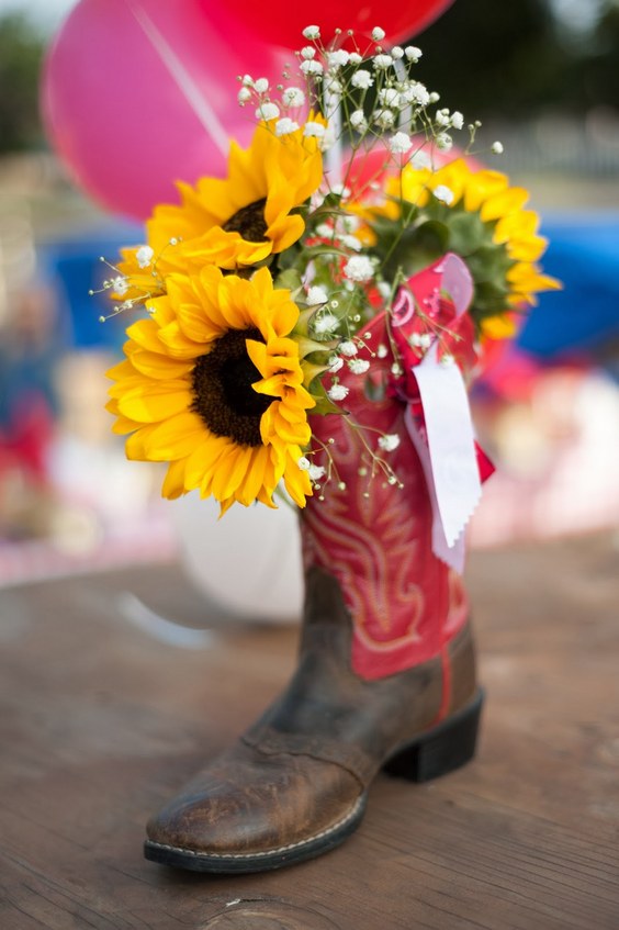 country sunflower cowboy wedding centerpiece