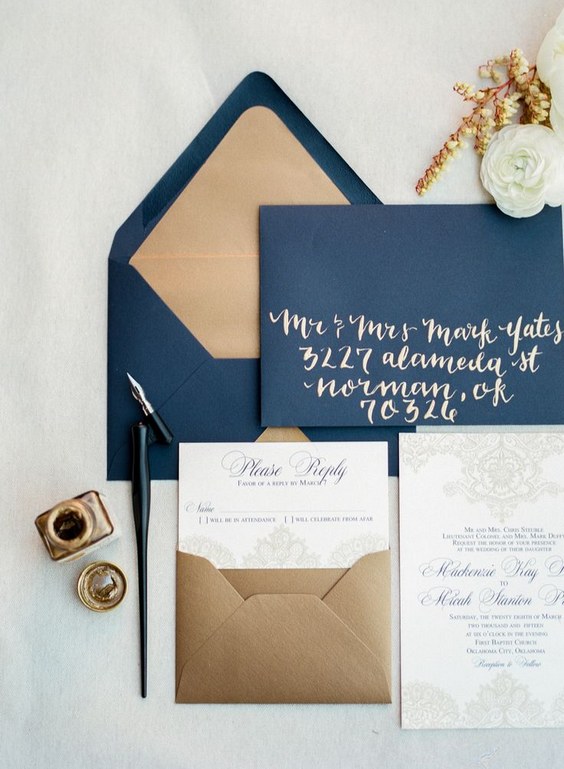 dark blue gold vintage wedding invitations