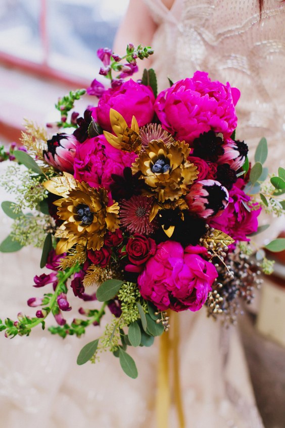 gold fuschia wedding bouquet