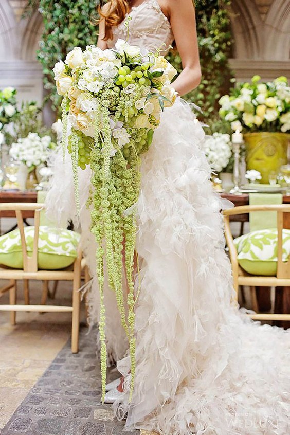 green cascading wedding bouquets via melanie rebane photography