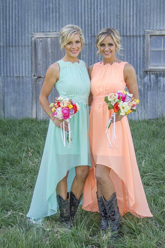 40 Rustic Country Cowgirl Boots Fall Wedding Ideas 7 hi lo bridesmaid dresses and cowboy boots