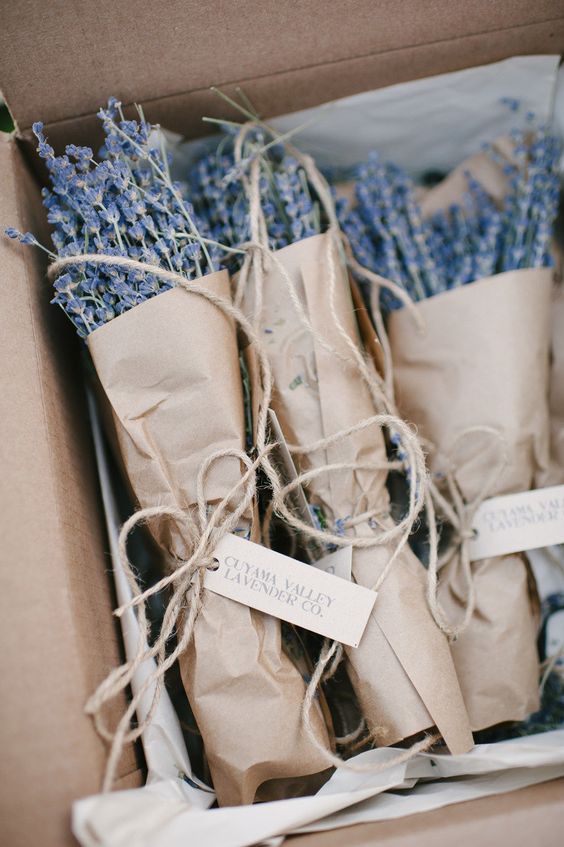 lavender wedding bouquet with kraft paper