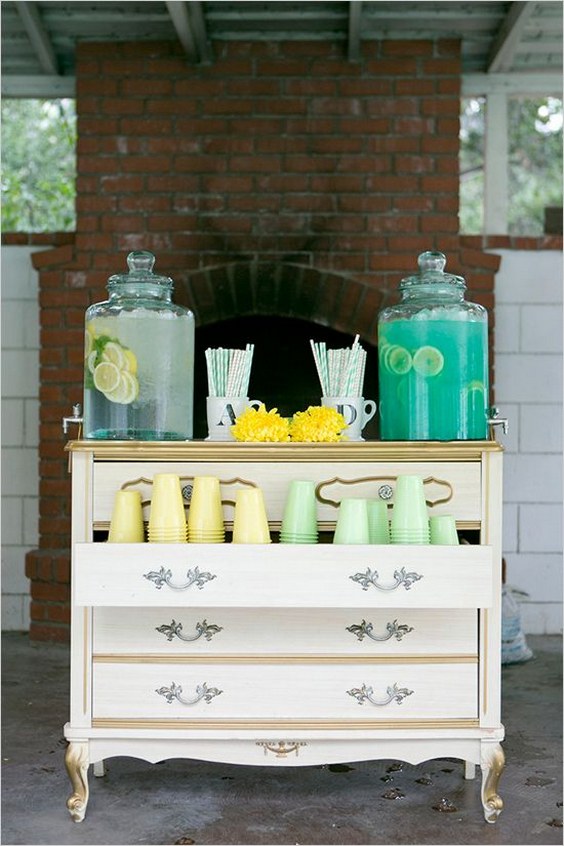 mint and yellow wedding drink station ideas for backyard wedding reception