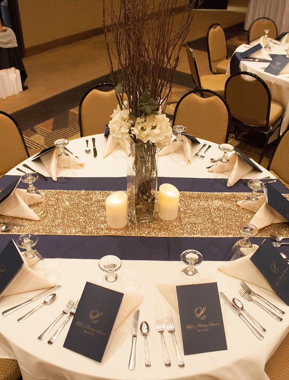 navy blue and gold wedding table decor