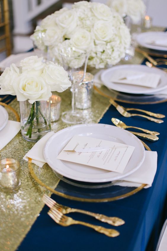 navy blue, gold and ivory wedding place setting decor