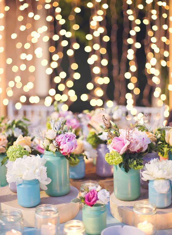 pastel mint mason jar wedding centerpiece