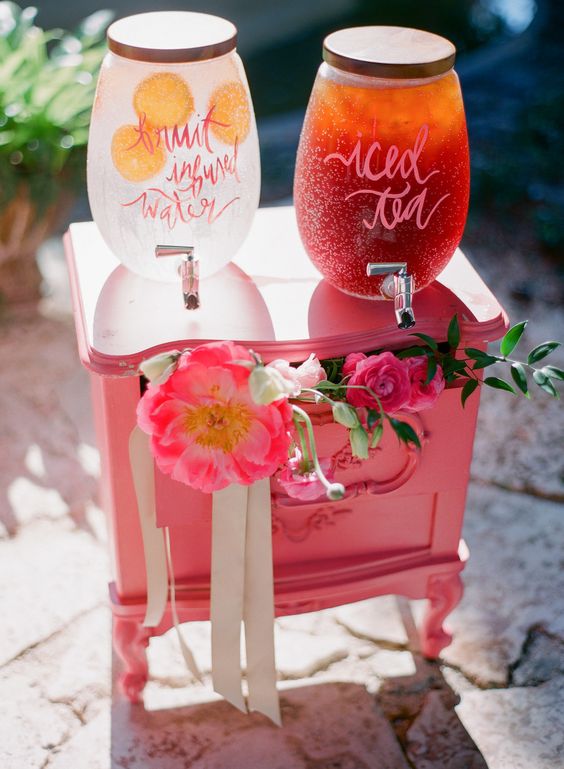 pink wedding drink station decor