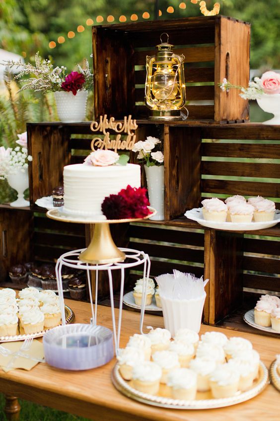 rustic backyard wooden crate wedding dessert bar