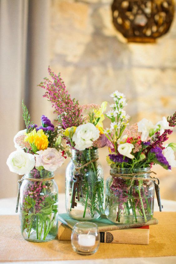 rustic colorful wildflowers mason jar wedding centerpiece