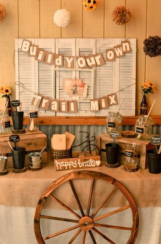 rustic country burlap trail mix wedding bar ideas