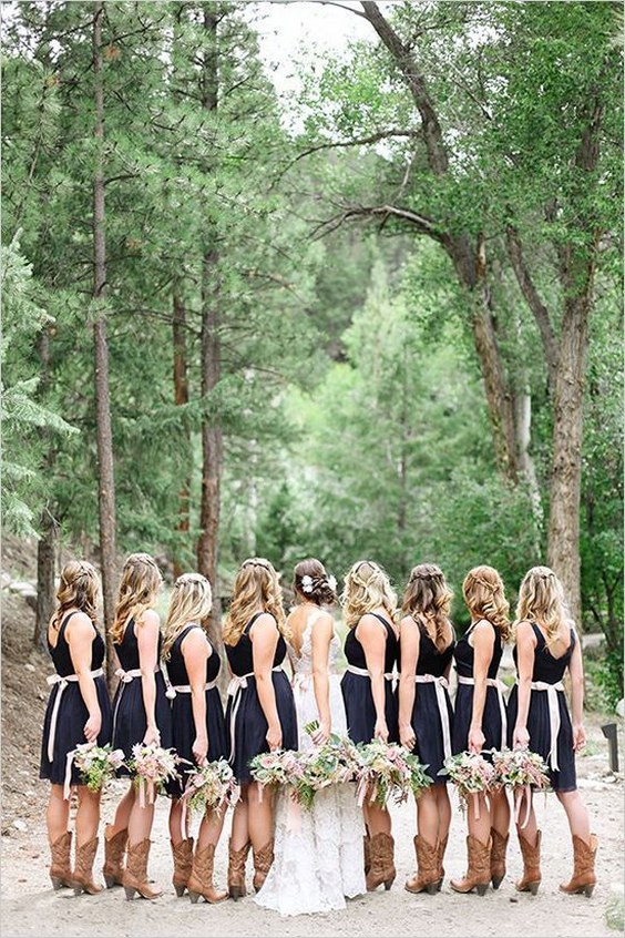 rustic country navy bridesmaid dresses and cowboy boots