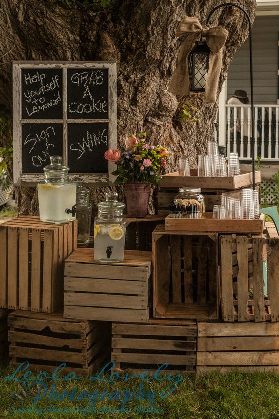 rustic country old crates wedding drink bar