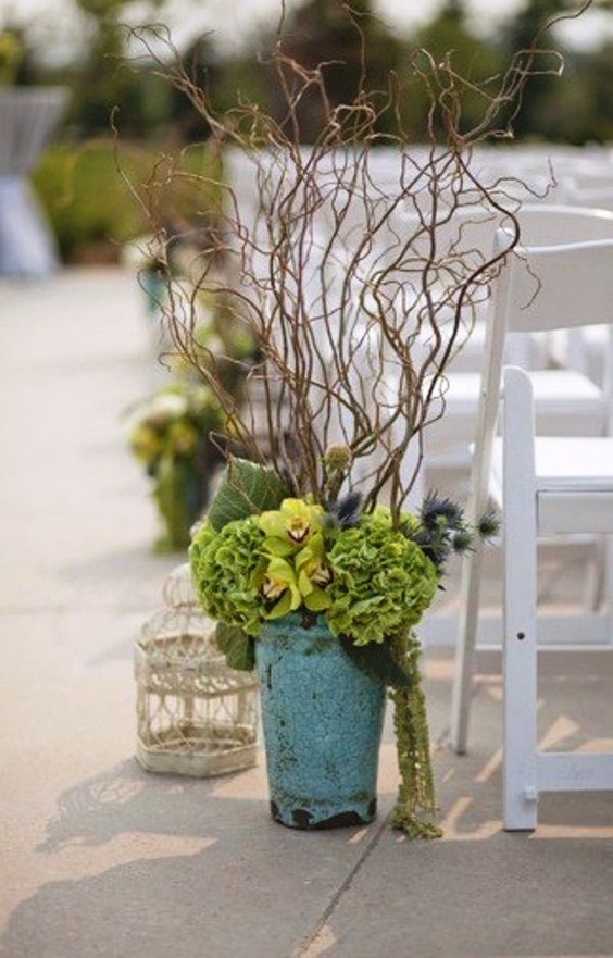 rustic green hydrangea tree branch wedding aisle