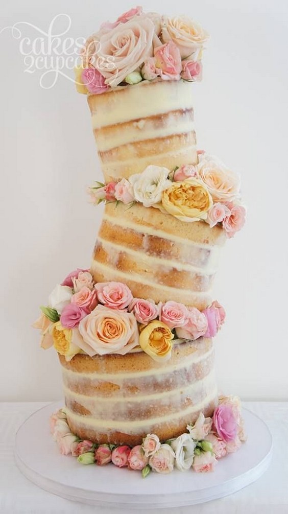 rustic naked topsy turvy wedding cake