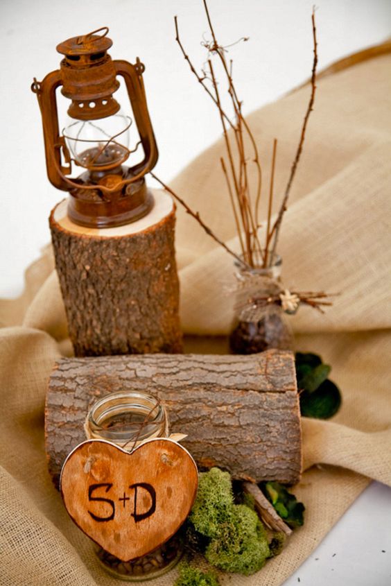 rustic tree stump wedding monogram centerpiece