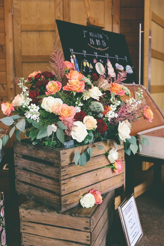 rustic wedding flowers with wooden crates