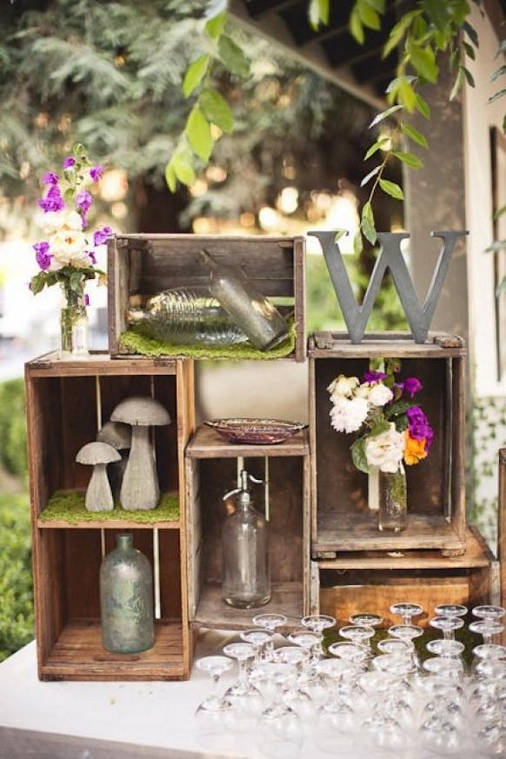 vintage crate wedding drink table decor