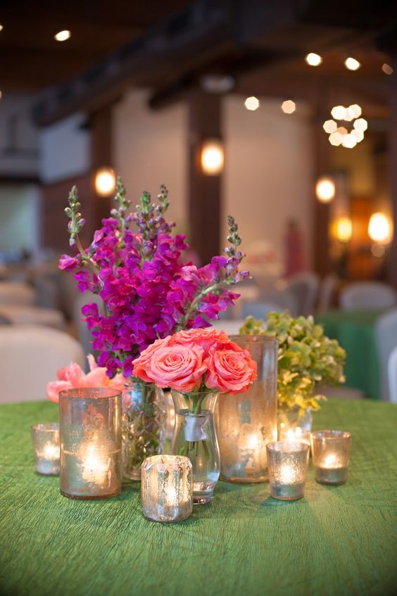vintage fuchsia and coral pink wedding centerpiece