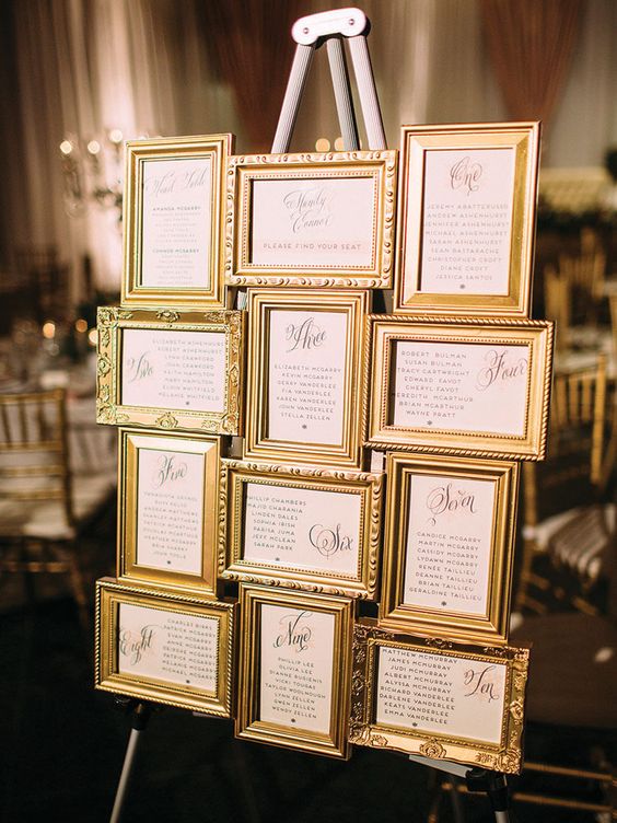 vintage gold frames wedding setting decor