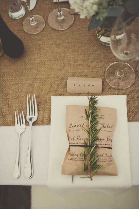 wedding menu printed on brown bag