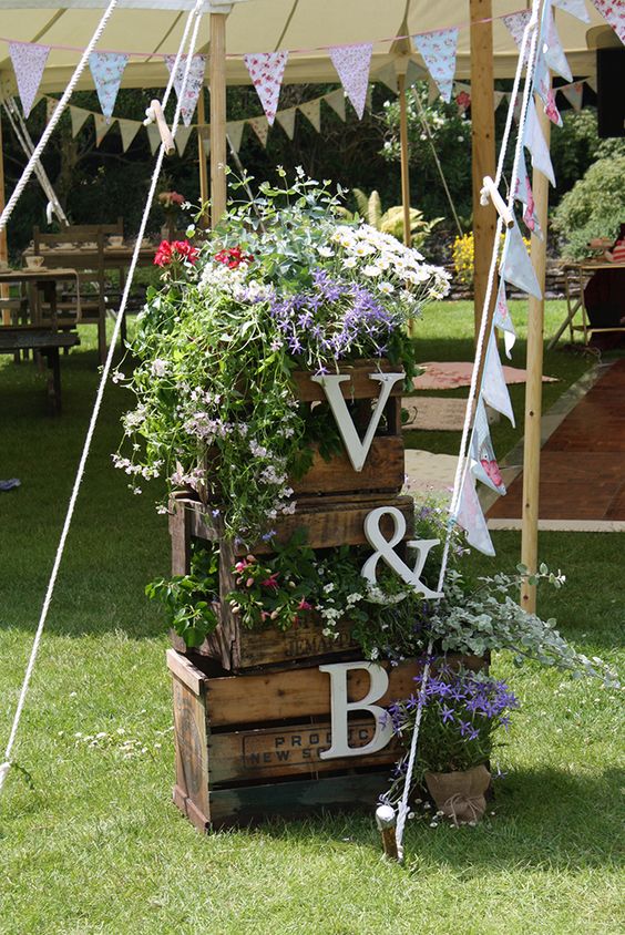 wood crate flower display wedding decor