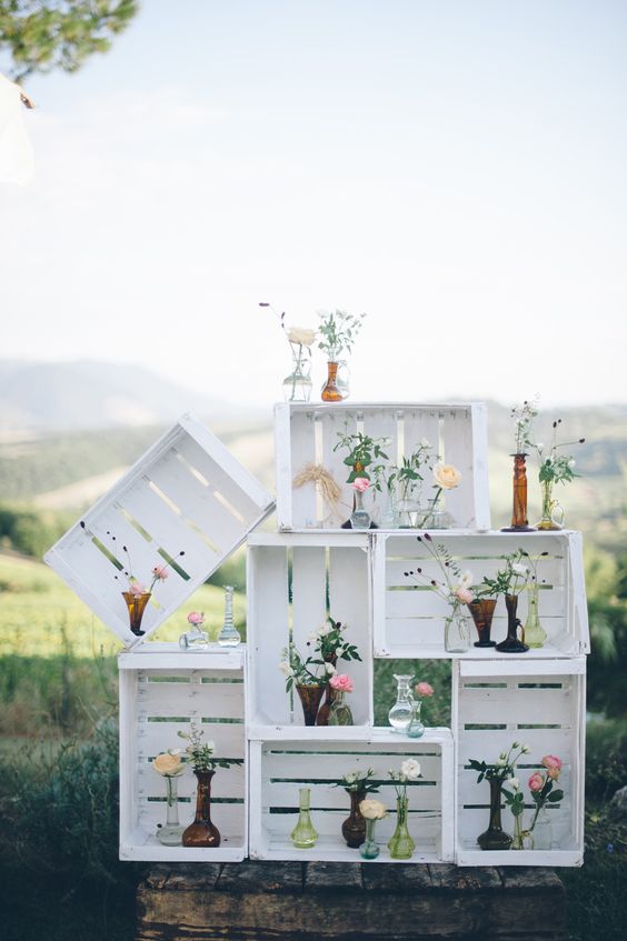 wood crates filled with blooms