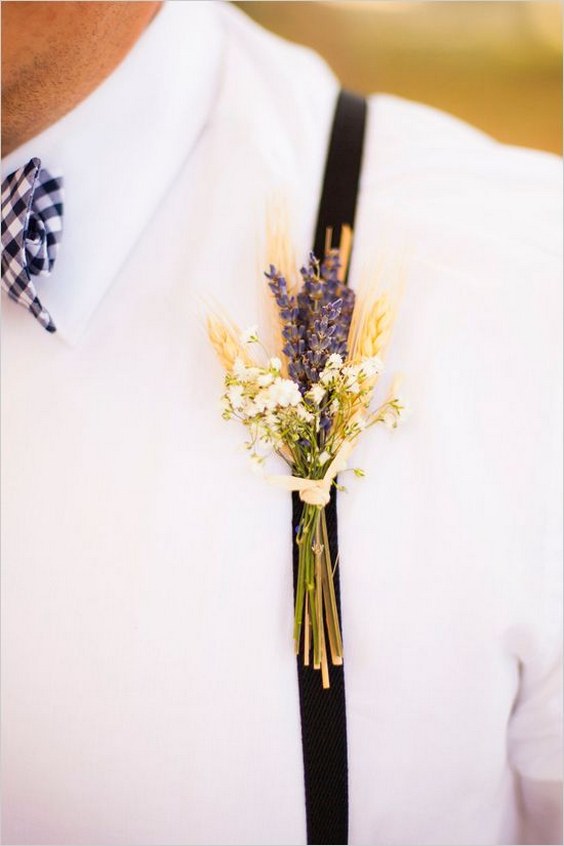 Baby's breath, lavender and wheat wedding boutonniere