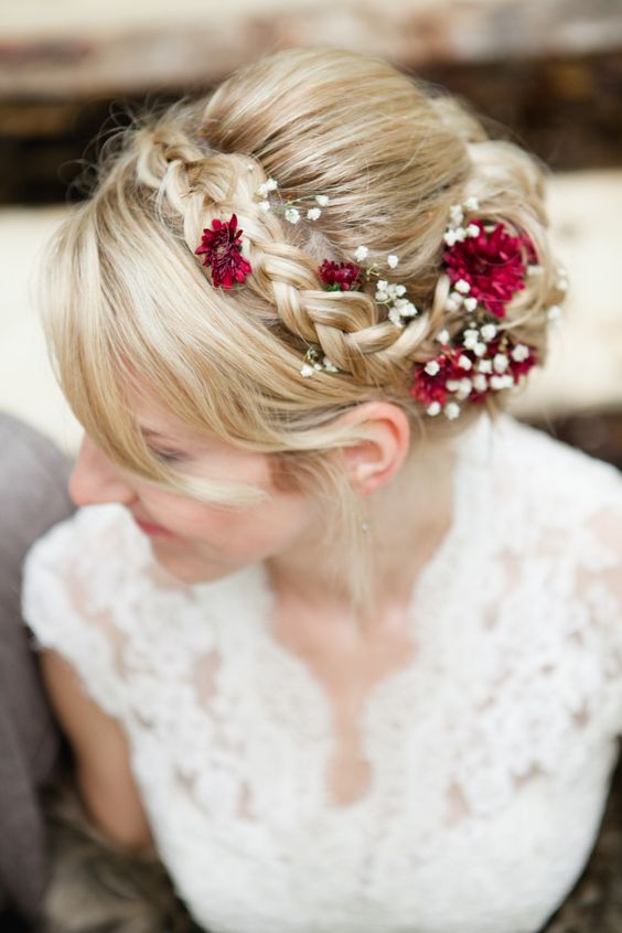 Bridal braid with maroon mums and baby's breath