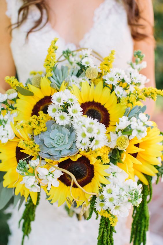 Bright Sunflowers, Succulent and Daisy Bouquet