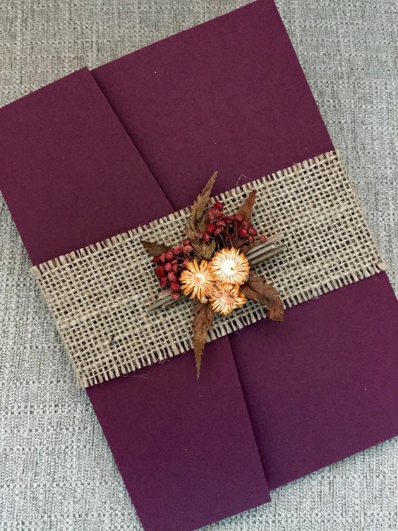 Burgundy Autumn Wedding Invitation Suite with burlap belt and dried flowers bouquet